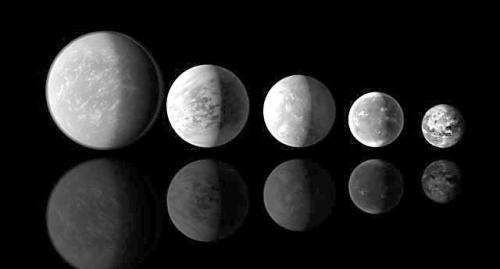 "新地球"体积比照图:从左到右依次为开普勒22-b,69-c,62-e,62-f